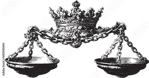 Scales and crown with chains in a detailed black and white vintage illustration. Antique justice symbol in classic linework vector.