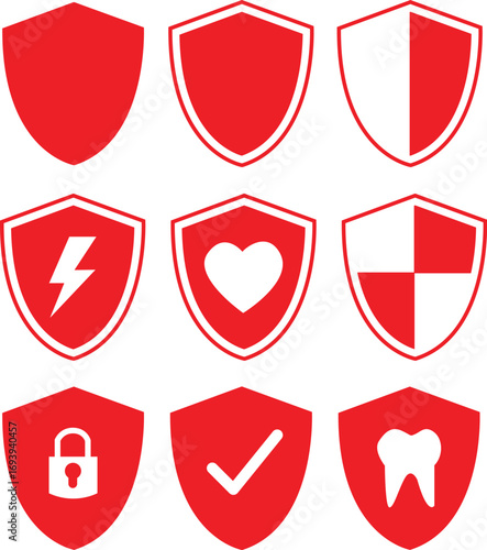 A collection of nine red shield icons, each featuring a different white symbol: blank, outlined, half-colored, lightning bolt, heart, checkered, padlock, checkmark, and tooth.