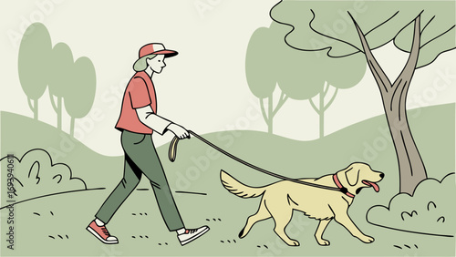 Person Walking Dog on Leash in Park, Outdoor Leisure Activity, Flat Vector Illustration of Pet Owner and Companion Animal