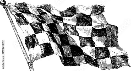 Checkered racing flag with black and white pattern, vintage style. Classic handdrawn vector illustration with detailed line and texture.