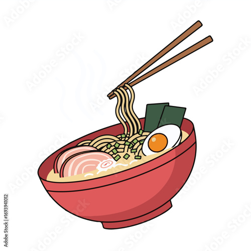 Illustration of a bowl of ramen with noodles being lifted by chopsticks, featuring pork, egg, and seaweed.