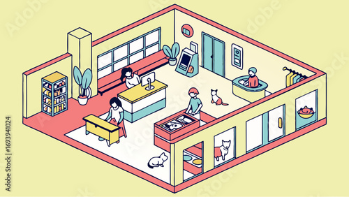 Isometric Illustration of a Modern Pet Shop or Veterinary Clinic Interior with Customers, Dogs, and Cats Receiving Care and Grooming Services
