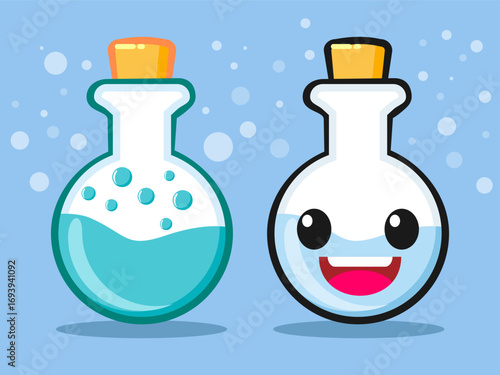 A Pair of Cute Cartoon Potion Bottles with Faces, Featuring a Blue Liquid and a Happy Expression