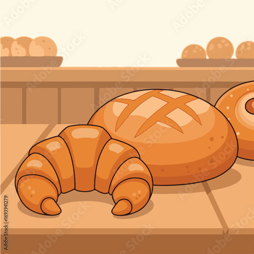 Cartoon illustration of a croissant, loaf of bread, and bagel on a counter with buns in the background.
