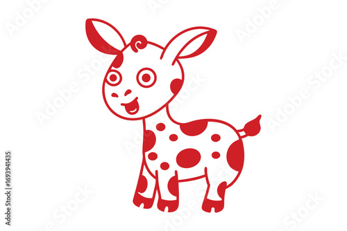 Cartoon calf outlined in red with spots shows a friendly face and stance