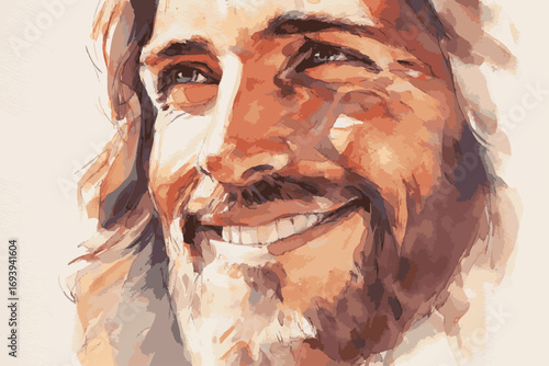 Illustration of Jesus smiling warmly, symbol of love, compassion, and Christian faith