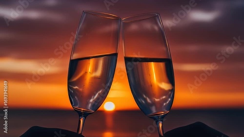 Two champagne flutes cheers with a sunset sky backdrop reflecting in the liquid