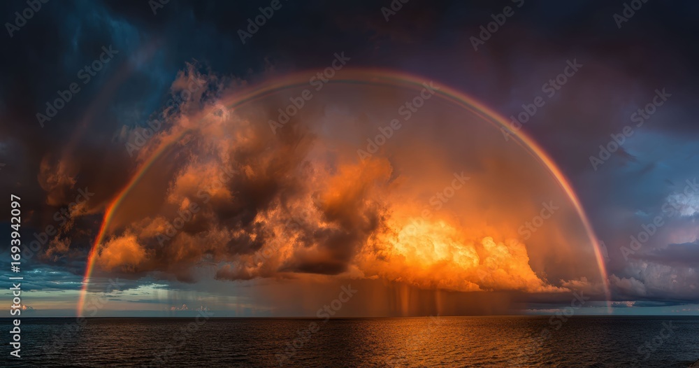 Fototapeta premium A vibrant sunset glows over calm ocean waters, with dramatic clouds painting the evening sky.