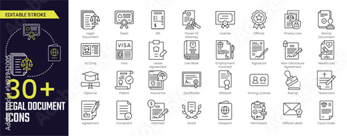 Legal Document Stroke icon collections. Containing Law, Deed, Bill, Power Of Attorney, License, Contracts and Certificates icons. Editable Stroke icon collection Outline icon