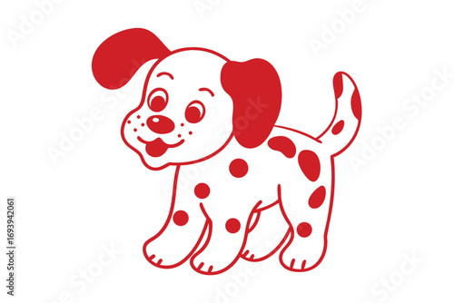 Cartoon dalmatian puppy smiles joyfully with red spots, ears, and nose on white