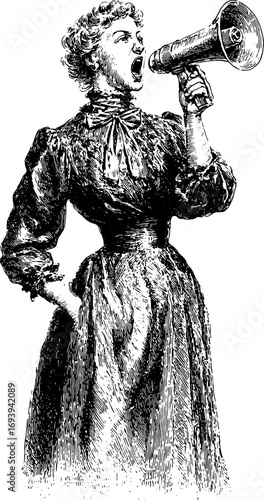 Woman speaking through a megaphone in vintage style. Black and white engraving vector illustration.