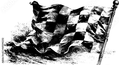Checkered racing flag waving on a pole with striped pattern. Vintage ink sketch with detailed texture, vector illustration.