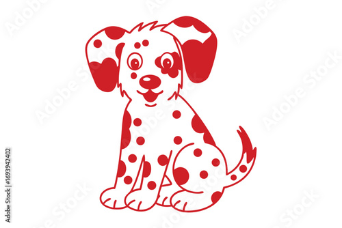 Cartoon Dalmatian sits with a cheerful smile while exhibiting vibrant red spots all over