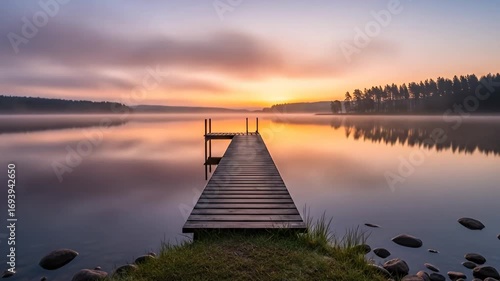 Serene lake pier leading to sunrise, soft reflection on the calm water