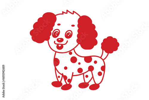 Cartoon dog with spotted body and red ears shows tongue playfully in vector
