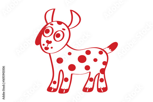 Cartoon goat character stands outlined in red and adorned with red spots over white