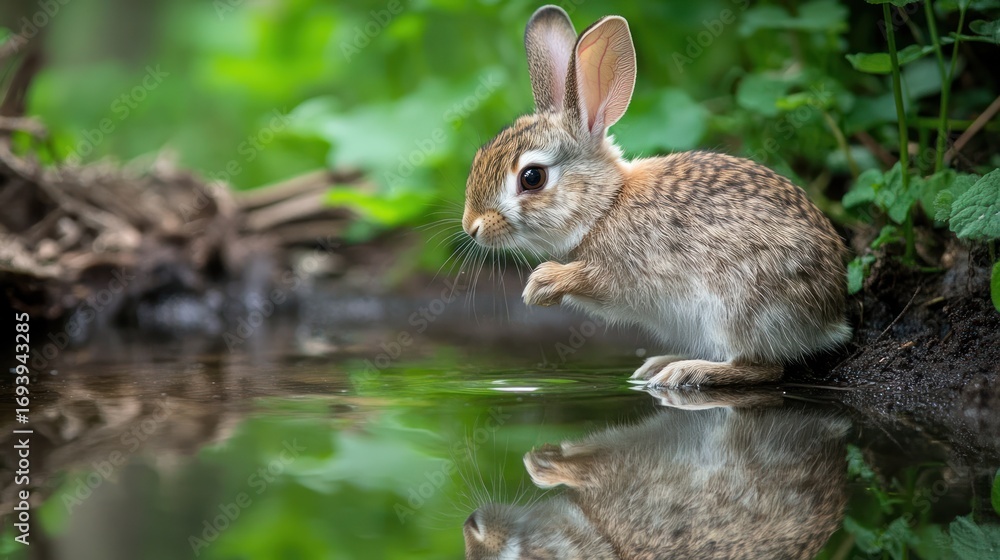 Fototapeta premium Rabbit hopping in lush green foliage