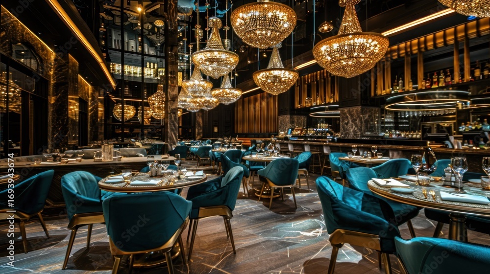 Fototapeta premium A luxurious restaurant interior with dark furniture, gold accents, and chandeliers, featuring tables and chairs with blue cushions.