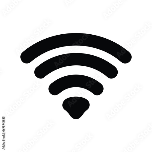 Black and white WiFi symbol indicating wireless network connectivity, on white background