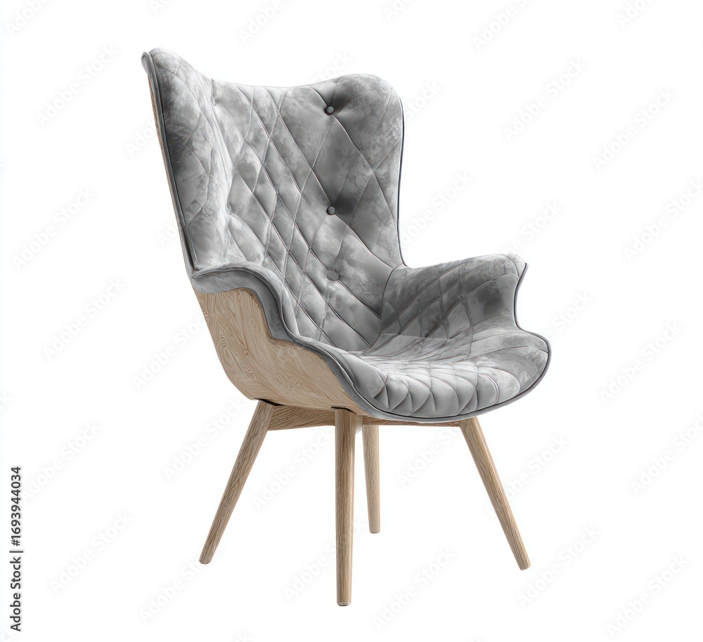 Fototapeta premium Isolated tall grey quilted chair. Angled shot shows wooden frame and legs. Button details on high back. Soft texture