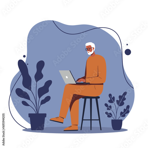 Senior man with glasses focused on his laptop, sitting on a stool with potted plants. Illustrates remote work, digital learning, modern life, and active retirement.
