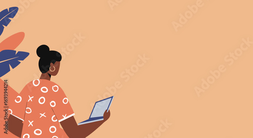 Stylish illustration of a woman using a laptop, representing remote work, online learning, and digital lifestyle. Perfect for business and technology themes.