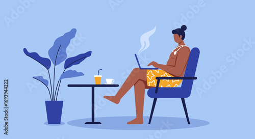 A person works remotely on a laptop in a relaxed setting with drinks and a plant, embodying modern work-life balance and flexibility.