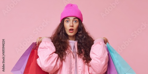 The young woman with colorful shopping bags looking surprised against pastel pink background