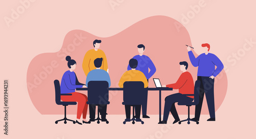 Professionals engage in a dynamic team meeting, sharing ideas and strategizing for business growth. Illustrates collaboration, discussion, and corporate environment.