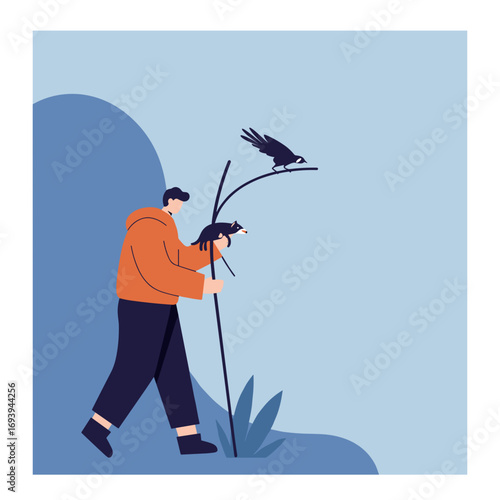 Man exploring nature, observing a ferret and bird on a branch. Represents curiosity, discovery, and connection with wildlife during an outdoor adventure or walk.