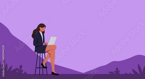 Businesswoman focused on her laptop, working remotely in a serene purple landscape. This image depicts modern productivity, online work, and digital lifestyle concepts.