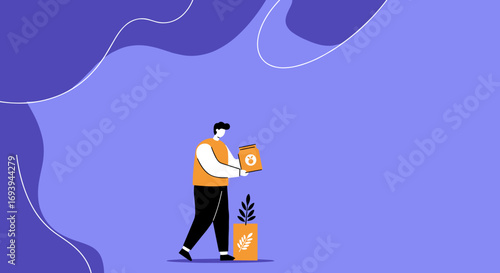 Stylized man holds fruit-labeled package near potted plant with grain symbol. Ideal for gardening, healthy produce, natural cultivation, and sustainable agriculture themes.