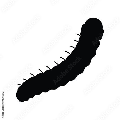 Black silhouette of a fuzzy caterpillar with small legs on a white background