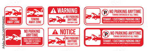 Towing sign set. Truck towing car service signage, signboard, sign, icon, logo. No parking, tow away zone, private parking, towing enforced. Vector Illustration.
