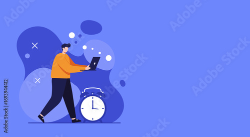 Man with laptop working efficiently against an abstract background, symbolizing productivity, time management, and digital business solutions.