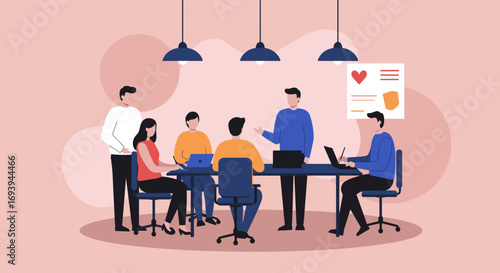 A team of diverse professionals collaborates in a modern office meeting, discussing ideas and planning strategy. This illustration represents teamwork, communication, and business solutions.