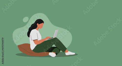 Woman comfortably working on laptop at home. Illustrates remote work, online learning, or freelance lifestyle, perfect for modern productivity concepts.