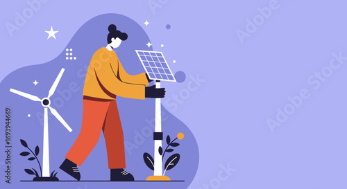 Person holding a solar panel next to a wind turbine, symbolizing renewable energy and environmental sustainability. Ideal for eco-friendly business concepts and future technology.