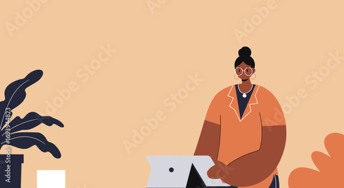 Professional woman in glasses working diligently on a laptop. Ideal for business, remote work, online learning, and digital lifestyle concepts.
