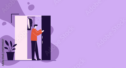 Man opening his wardrobe, choosing clothes. Depicts daily routine, home organization, and personal style for lifestyle or fashion concepts.