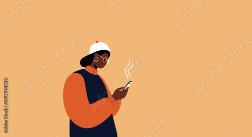 A trendy young person engaged with their smartphone, representing digital communication, social media, and modern lifestyle. Ideal for technology, connectivity, or youth culture themes.