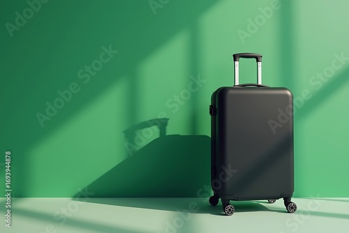 Black travel suitcase with shadow against green wall background, modern luggage for vacation and holiday journey concept minimalist design
