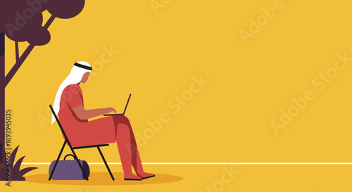 Middle Eastern man in traditional dress working on laptop outdoors. Represents remote work, flexible lifestyle, and global connectivity.