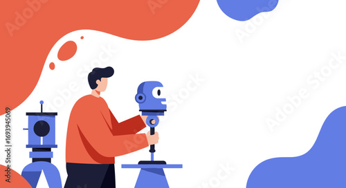 A man assembling a blue robot, symbolizing innovation, artificial intelligence, and future technology. Ideal for business, science, and education.