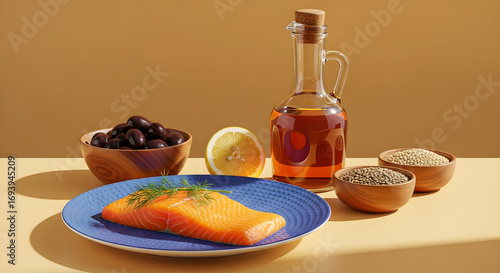 Healthy food salmon olives lemon oil lentils culinary studio shot