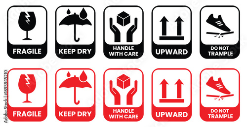 Collection of common shipping and handling warning labels for package transportation safety