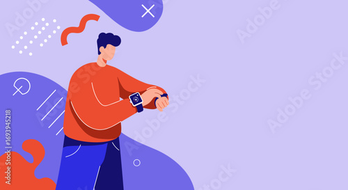Young man engaging with his smartwatch against an abstract background, symbolizing digital communication, time management, and a modern connected lifestyle.