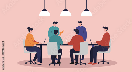 Diverse team of professionals collaborating in a modern office meeting, discussing strategies and working on laptops. Business concept.