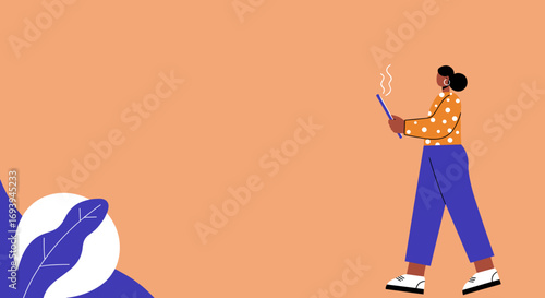 Modern flat illustration of a person walking, holding a smoking stick. Represents mindfulness, creative thinking, or the spark of a new idea for lifestyle and business concepts.