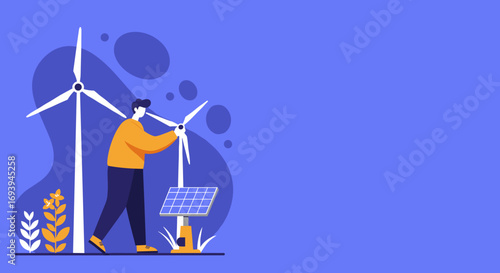 Person champions renewable energy, featuring wind turbines and solar panels. Symbolizes sustainable future, green technology, and eco-friendly business solutions.